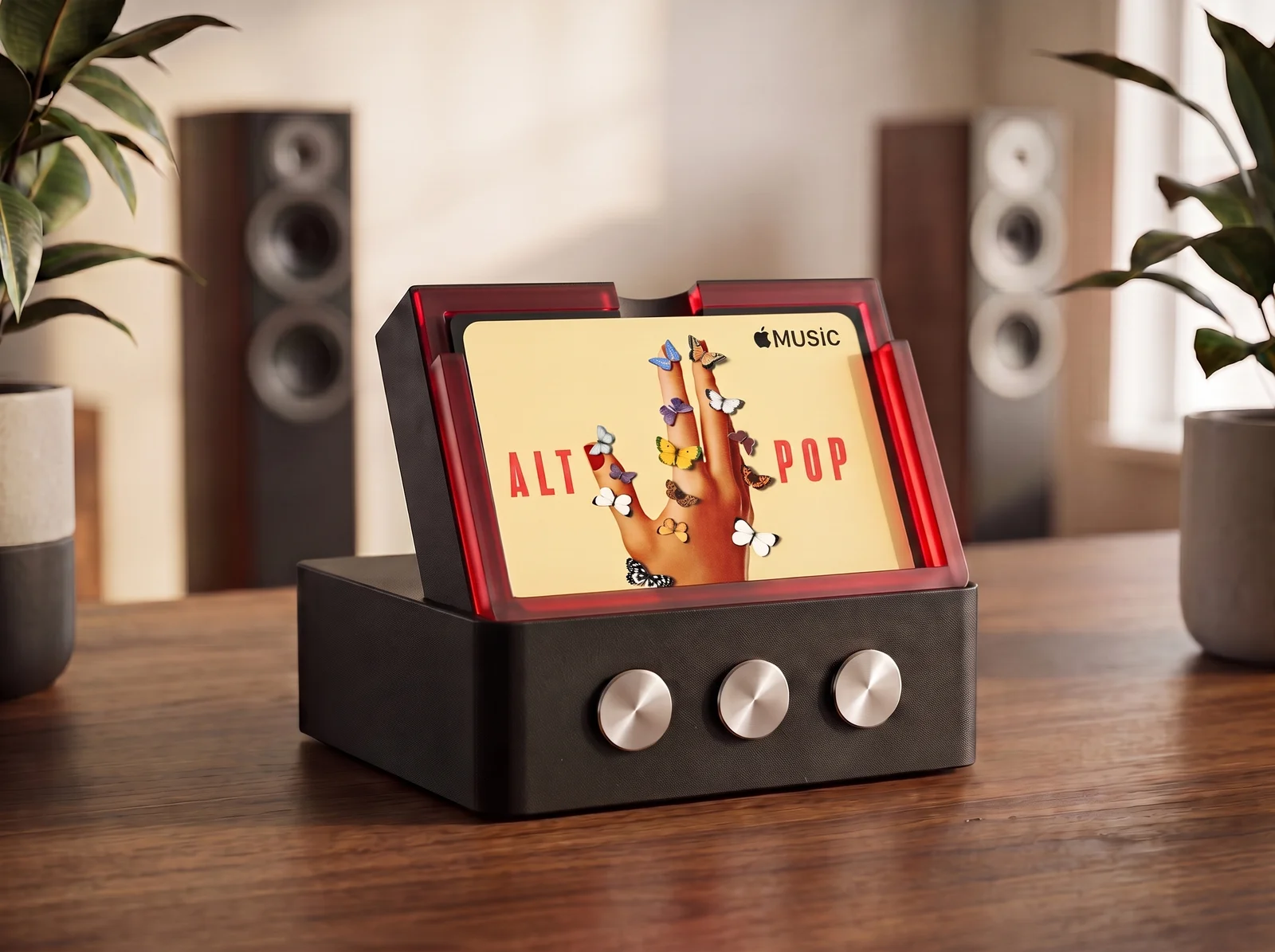 TapTuneBox concept with a ruby-red card tray and three tactile controls, beside a home sound system.