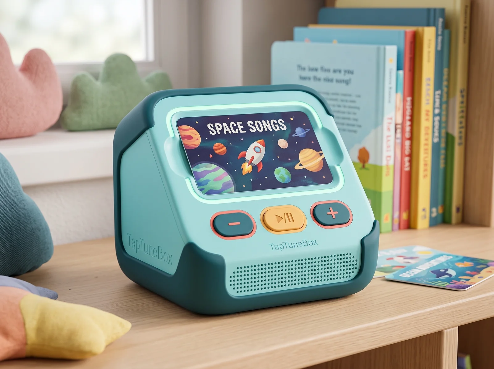 Aqua TapTuneBox Kids concept with an integrated speaker, chunky controls and an illustrated space music card.