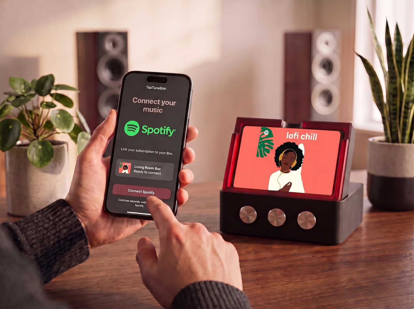 TapTuneBox concept beside a phone connecting an existing Spotify subscription.